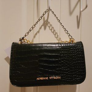 Adrienne Vittadini Black Croc Embossed Shoulder Bag | Gold Chain Evening Purse